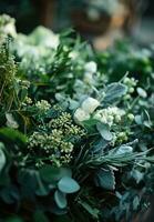 AI generated bouquets of different greens and white flowers for a wedding photo