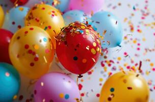 ai generado vistoso globos y papel picado en un blanco antecedentes foto