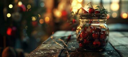 AI generated christmas berry in a jar on wooden table photo