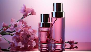 AI generated Aromatherapy bottle, pink flower, nature freshness, scented relaxation, beauty generated by AI photo