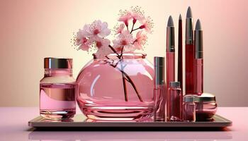 ai generado belleza producto botella con rosado flor, Moda hacer arriba elegancia generado por ai foto