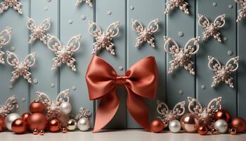 AI generated Christmas ornament decoration on wooden background, shiny and elegant generated by AI photo