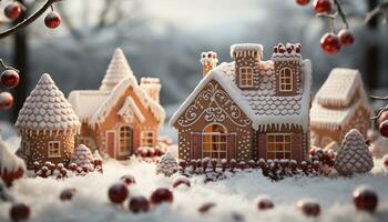 AI generated Snow covered gingerbread house, a sweet winter celebration tradition generated by AI photo