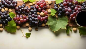 ai generado Fresco uva hojas adornar el rústico de madera mesa, exhibiendo naturaleza generosidad generado por ai foto