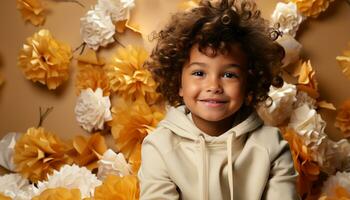 ai generado sonriente niño, felicidad en otoño, linda retrato, juguetón al aire libre generado por ai foto