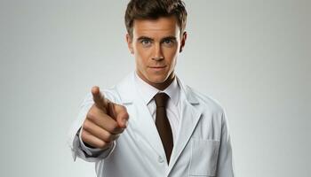 AI generated Confident doctor pointing, successful businessman in white coat generated by AI photo