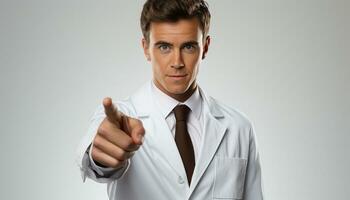 AI generated Confident doctor pointing, successful businessman in white coat generated by AI photo