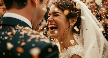 AI generated bride and groom smiling and in joy after being confetti photo