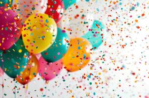 AI generated colorful balloons and confetti on a white background photo