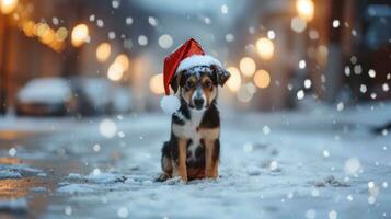 AI generated Charming puppy in a Christmas hat, shallow depth of field photo