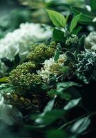 AI generated bouquets of different greens and white flowers for a wedding photo