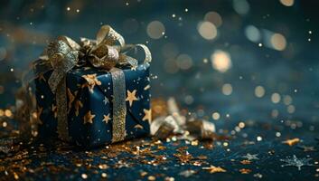 AI generated blue gift box with golden ribbon and stars on dark blue background photo