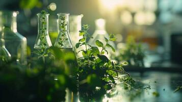 AI generated botanical research plant sample in glass flasks in laboratory with sunlight photo