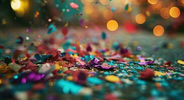 AI generated colorful confetti shatters across the ground, photo