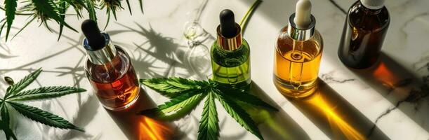 AI generated cannabis oil at the top of glass bottles with leaves photo