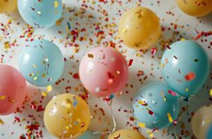 ai generado vistoso globos y papel picado en un blanco antecedentes foto