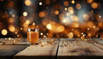 AI generated Glowing gold backdrop illuminates rustic wood table at celebration generated by AI photo