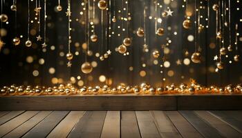 AI generated Shiny gold glitter illuminates the rustic wooden Christmas tree generated by AI photo
