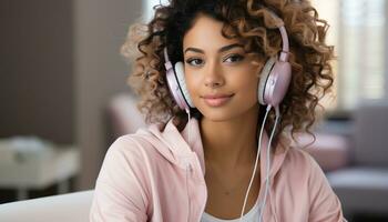 AI generated Young woman enjoying leisure activity, listening to music with headphones generated by AI photo