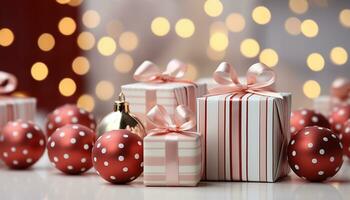 AI generated A shiny gift box wrapped in colorful Christmas paper generated by AI photo