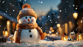 ai generado invierno noche celebracion monigote de nieve sonriente, copos de nieve brillante, Navidad luces esclarecedor generado por ai foto
