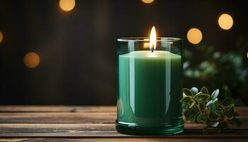 AI generated Glowing candle illuminates table, creating a cozy winter ambiance generated by AI photo