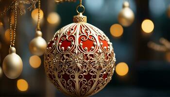 AI generated Shiny gold ornament decorates Christmas tree, illuminating festive celebration generated by AI photo