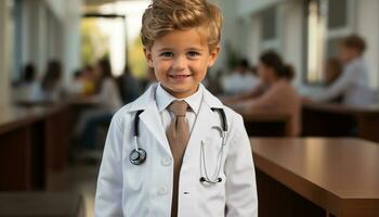 ai generado sonriente médico con estetoscopio, cuidando para niños salud generado por ai foto