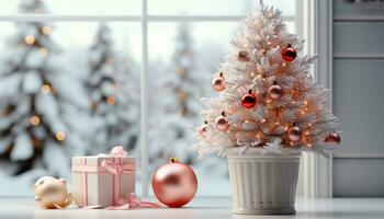 AI generated Bright gift box illuminates the winter season indoors generated by AI photo