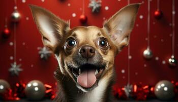 AI generated Cute puppy celebrates winter with small gift under Christmas tree generated by AI photo