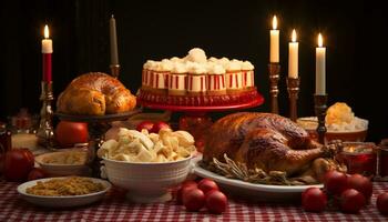 AI generated Roast turkey, pumpkin, candle, warmth Thanksgiving celebration feast generated by AI photo