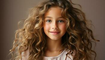 AI generated Cute curly haired girl smiling, looking at camera with innocence generated by AI photo