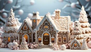 AI generated Homemade gingerbread house, decorated with icing and candy generated by AI photo