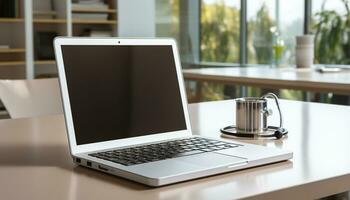 AI generated Modern office desk with laptop, computer monitor, and wireless technology generated by AI photo