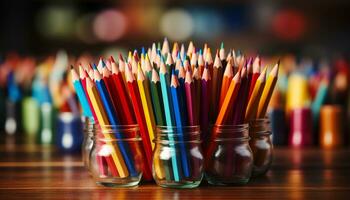 AI generated A vibrant collection of colorful pencils on a wooden table generated by AI photo