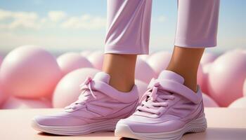 ai generado joven mujer trotar al aire libre en rosado Deportes Zapatos generado por ai foto