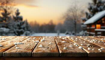 AI generated Winter wood table in nature, snow covered forest, rustic plank outdoors generated by AI photo