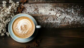 AI generated Freshly brewed coffee in a rustic wooden cup on table generated by AI photo