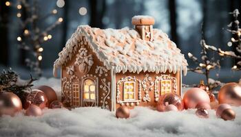 ai generado Nevado noche, hecho en casa pan de jengibre casa, decorado con Formación de hielo y caramelo generado por ai foto