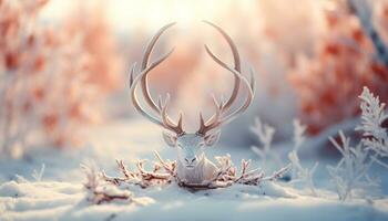 ai generado un linda ciervo en invierno, rodeado por Nevado bosque generado por ai foto