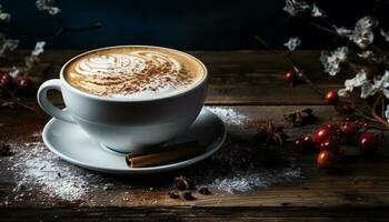 AI generated Hot coffee on wooden table, frothy milk, rustic background generated by AI photo