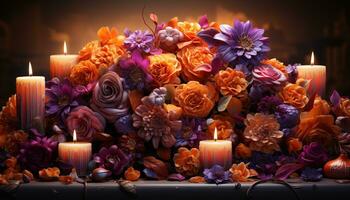 AI generated A glowing candle illuminates a still life of autumn beauty generated by AI photo