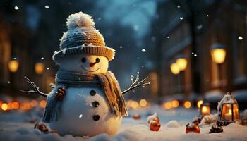 ai generado alegre monigote de nieve sonrisas, Encendiendo arriba invierno noche con alegría generado por ai foto