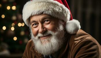 AI generated Smiling senior man celebrates Christmas, looking at camera with joy generated by AI photo