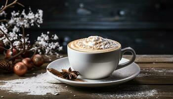 ai generado caliente café en de madera mesa con espumoso Leche espuma generado por ai foto