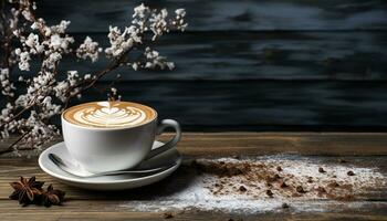 AI generated A rustic coffee table with a frothy cappuccino and flower generated by AI photo