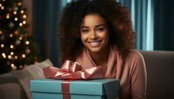 AI generated A smiling woman holding a gift box, enjoying Christmas at home generated by AI photo
