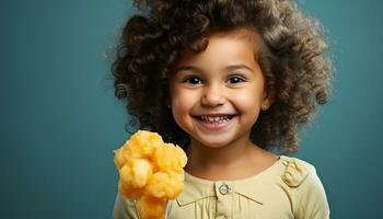 ai generado linda niña sonriente, participación Fresco fruta, mirando a cámara generado por ai foto