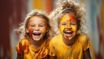 ai generado alegre muchachas jugando, sonriente, y disfrutando el vistoso festival generado por ai foto