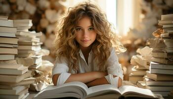 ai generado un joven mujer estudiando en un biblioteca, rodeado por libros generado por ai foto